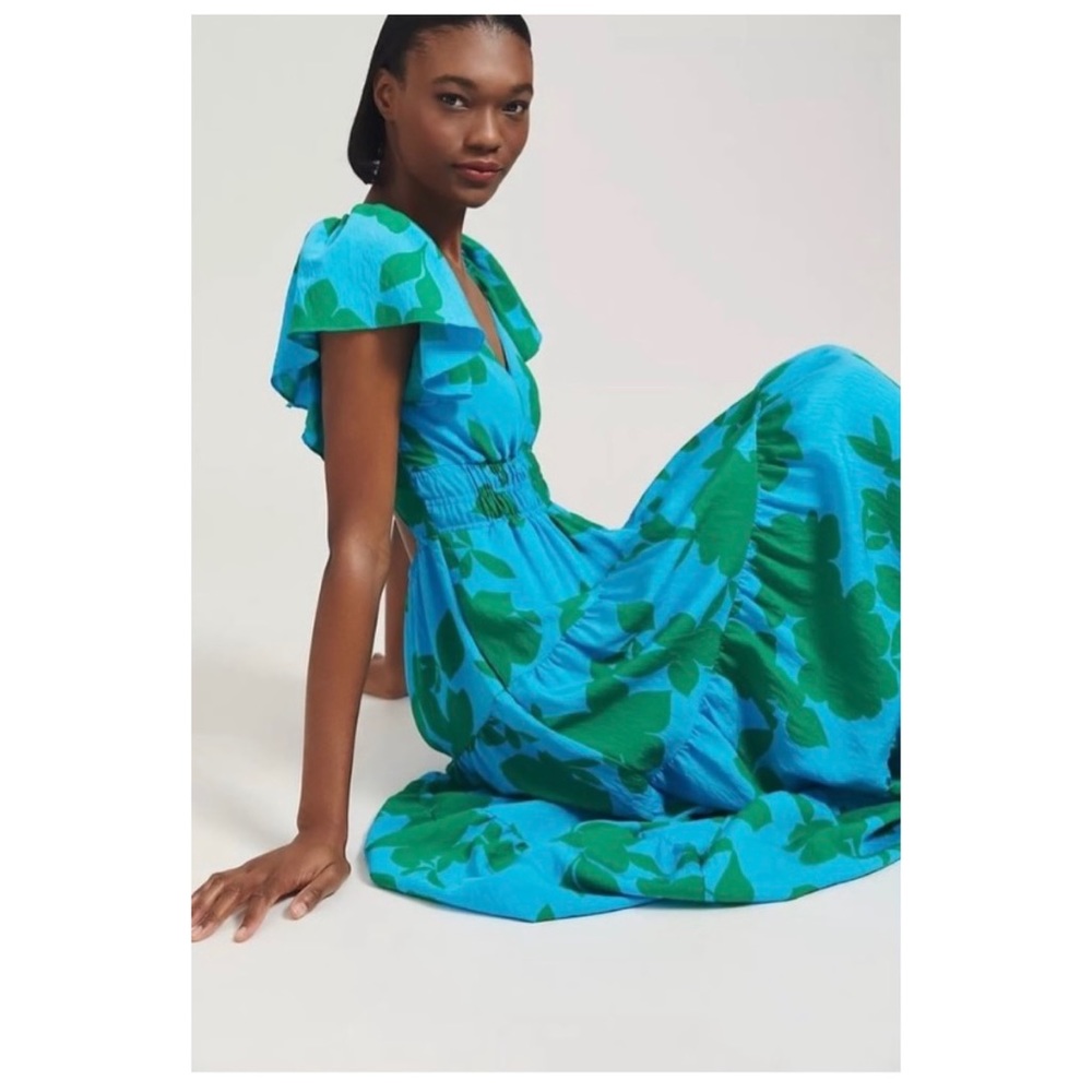 Anthropologie Blue & Green Floral Tiered Midi Dress - Picture 4 of 14